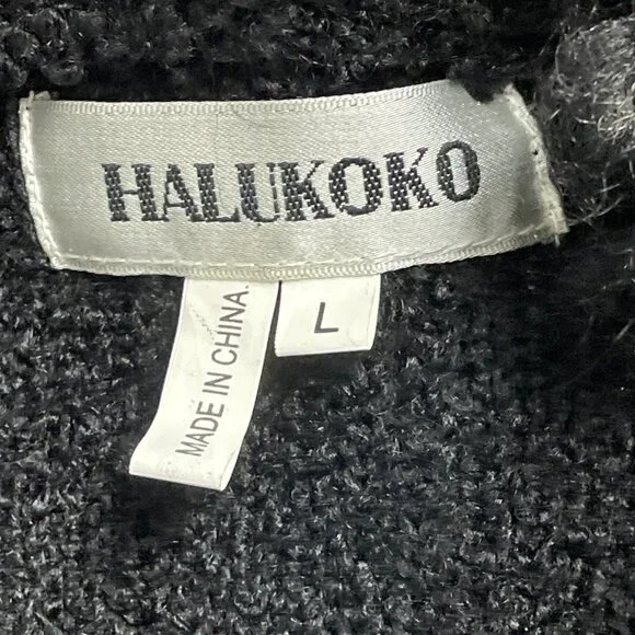 Halukoko Womens Black Ramie/Acrylic Long Coat With Textured Collar Size L - New - Picture 6 of 9